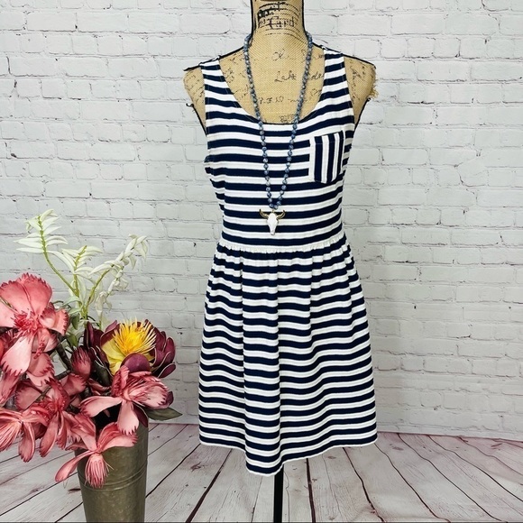Maison Jules Textured Keyhole Back Striped Fit and Flare Dress - Picture 2 of 14